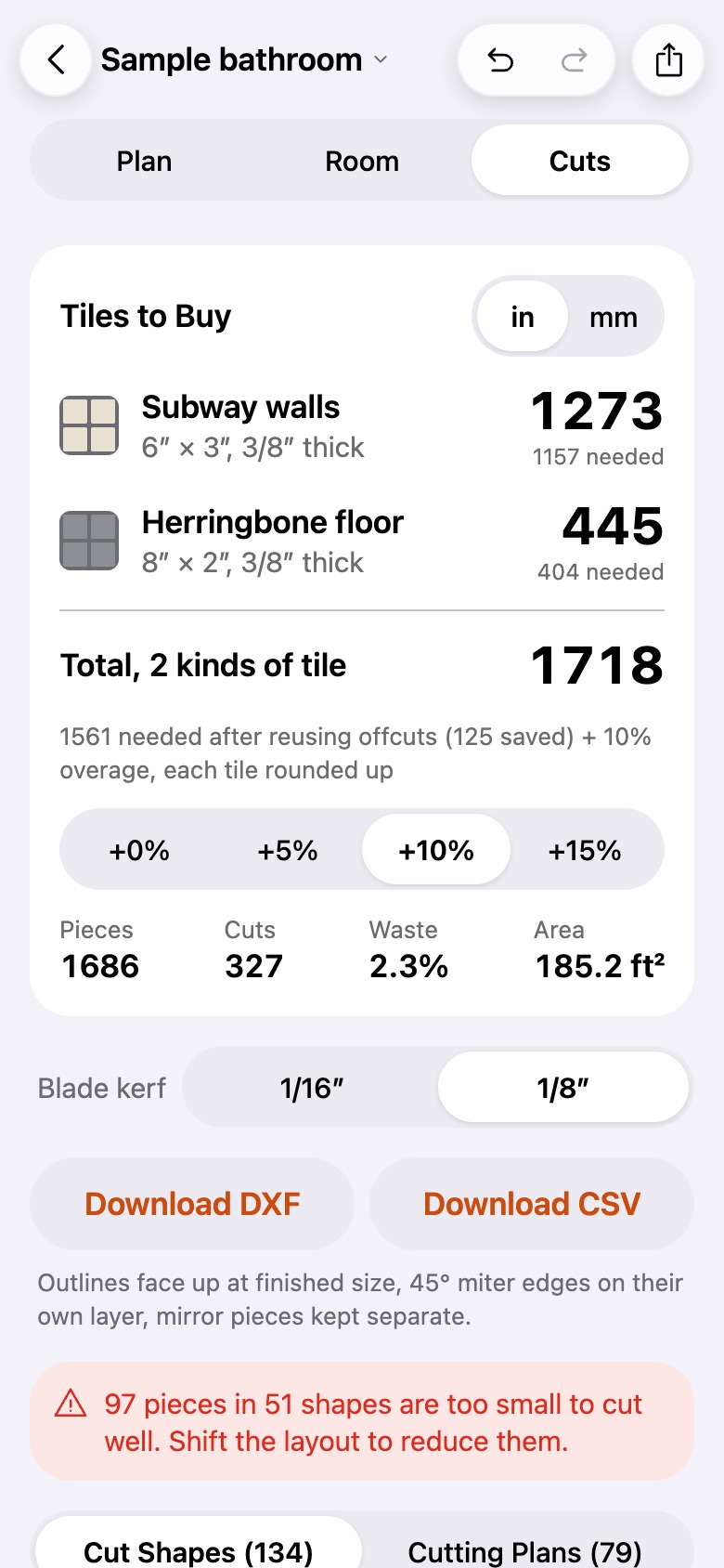 The tiles to buy and the list of cut shapes